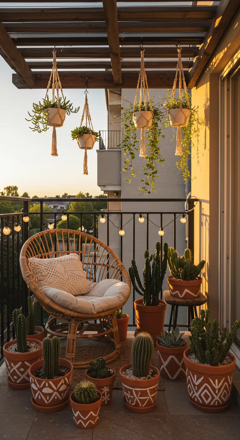 Balcón bohemio al atardecer con macetas de terracota pintadas a mano y plantas colgantes