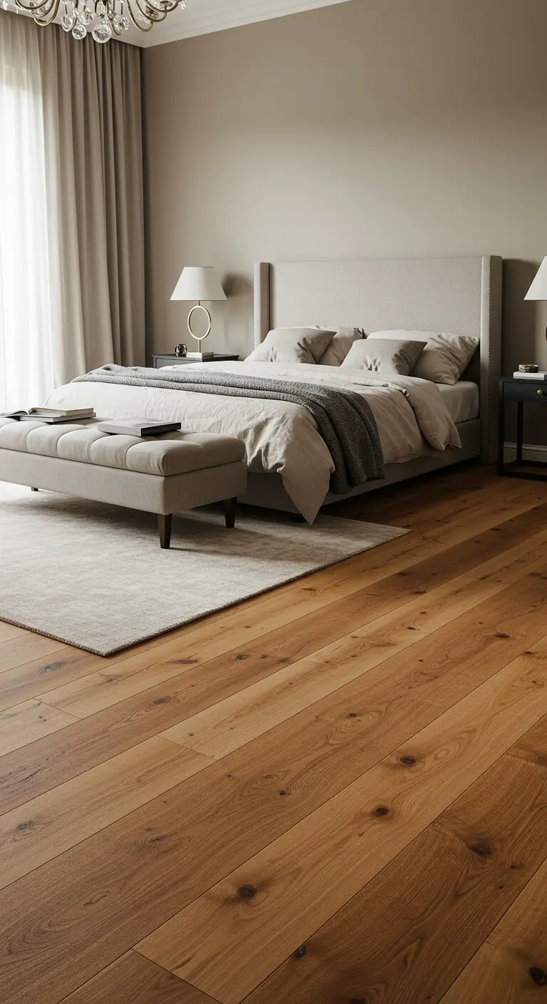 Suelo de tablones anchos de madera recuperada en un dormitorio elegante con una paleta de colores neutros.