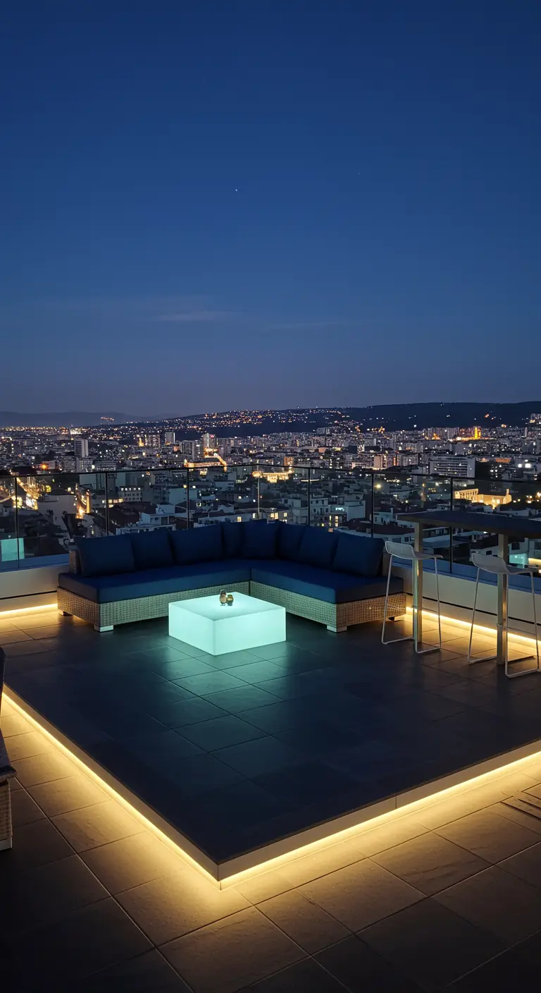 Terraza nocturna con un sofá esquinero y una espectacular iluminación LED en el suelo