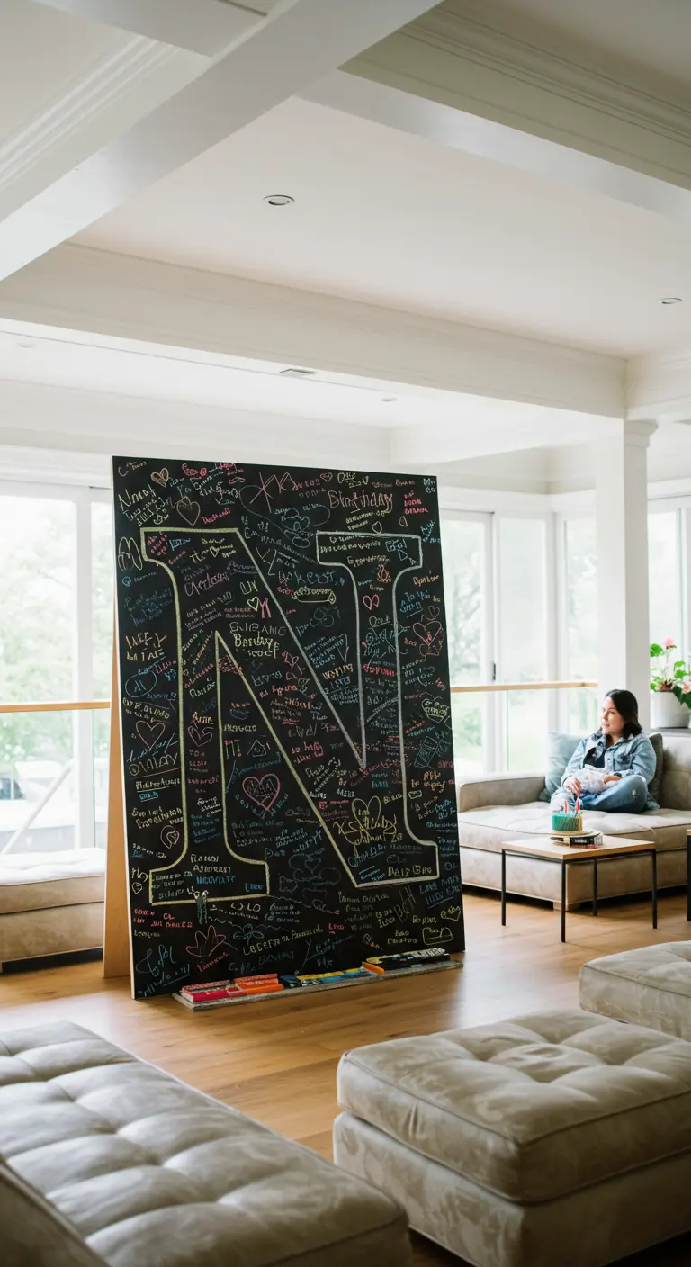 Letra 'N' gigante de pizarra negra cubierta de mensajes y dibujos de tiza de colores.