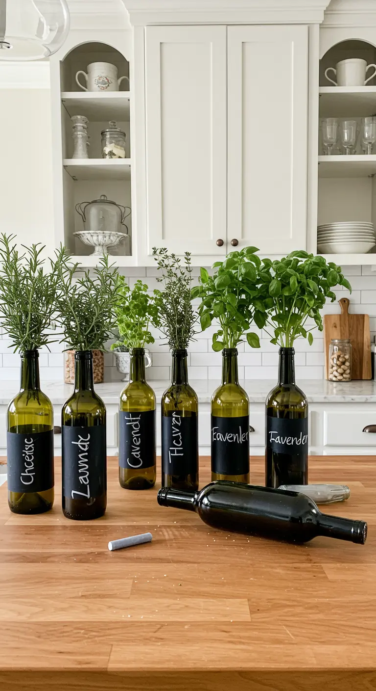 Botellas de vino con etiquetas de pintura de pizarra, usadas como jarrones para hierbas aromáticas.