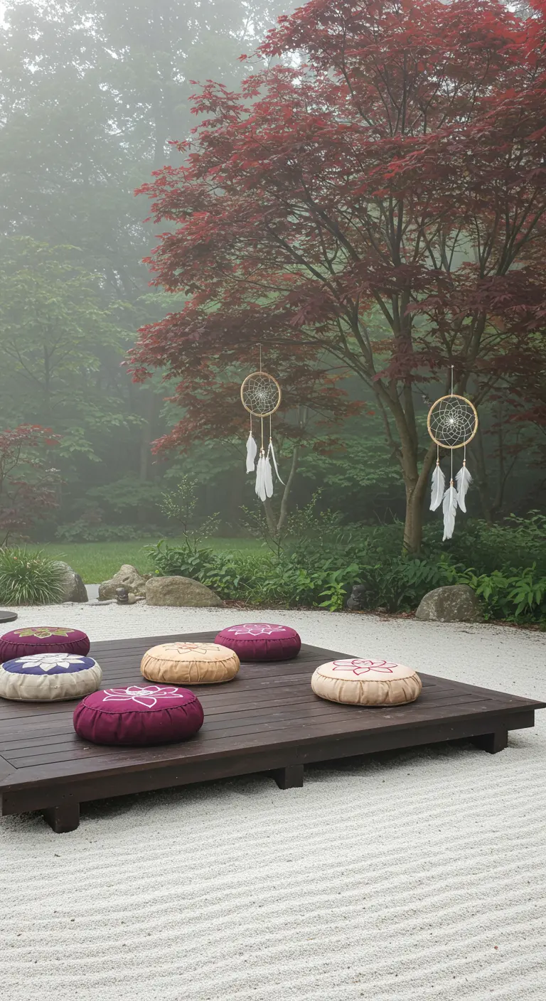 Jardín zen con tarima de madera, cojines de meditación y atrapasueños colgando de un árbol.