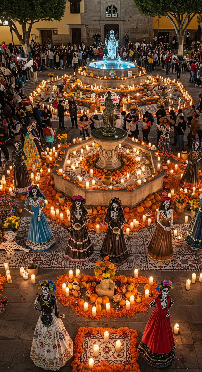 Ofrenda comunitaria alrededor de una fuente en una plaza, con catrinas y velas.