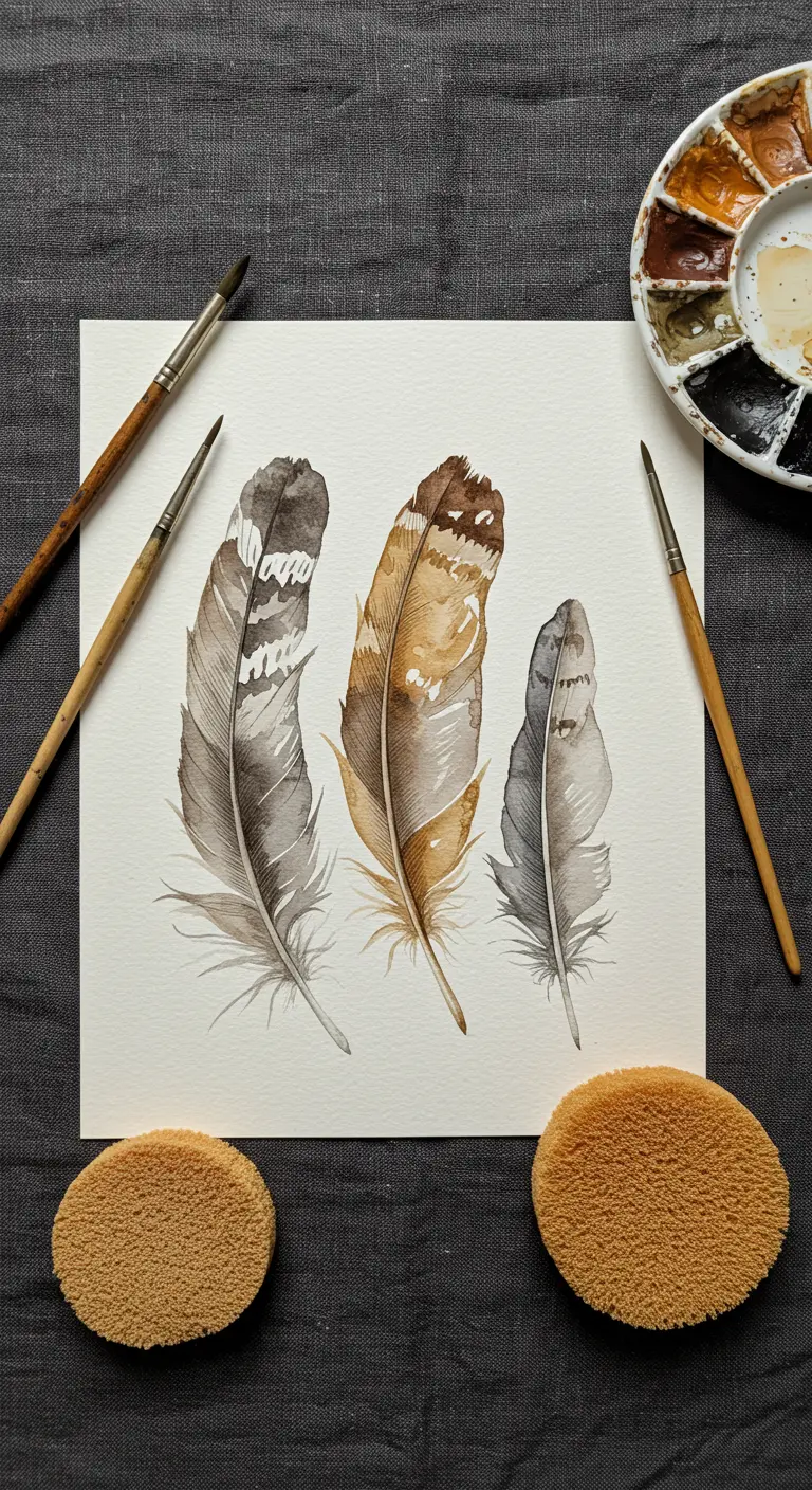 Tres plumas pintadas con acuarela en tonos marrones, grises y blancos con gran detalle.