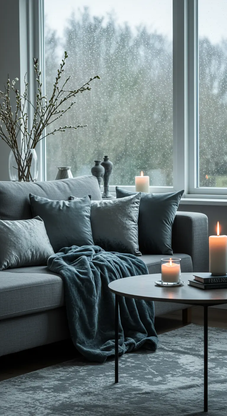 Sofá gris con cojines de terciopelo azul y velas encendidas en un día lluvioso.