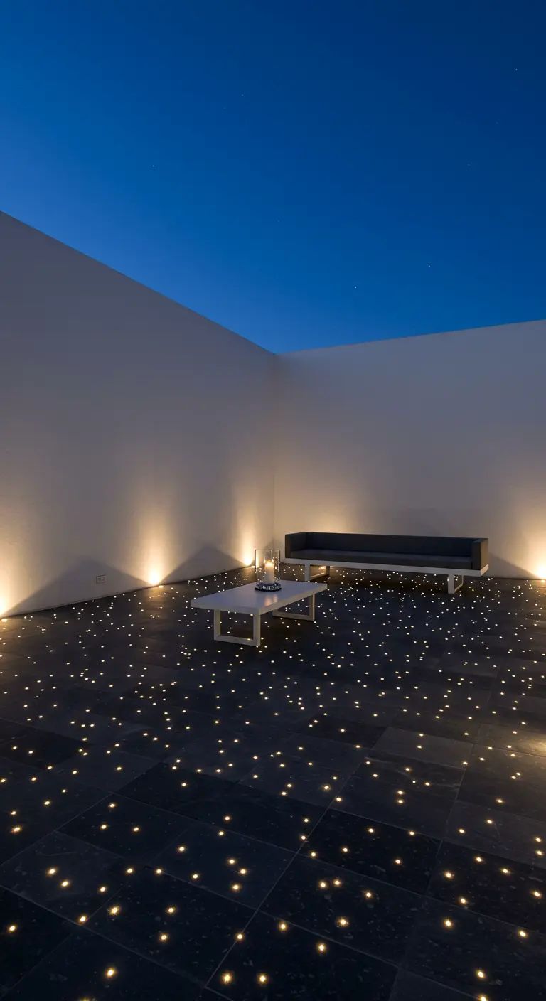 Patio minimalista con suelo oscuro salpicado de innumerables puntos de luz, creando un efecto de cielo estrellado