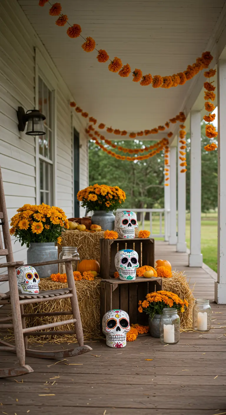 Porche de una casa de campo decorado con heno, calabazas y calaveras.