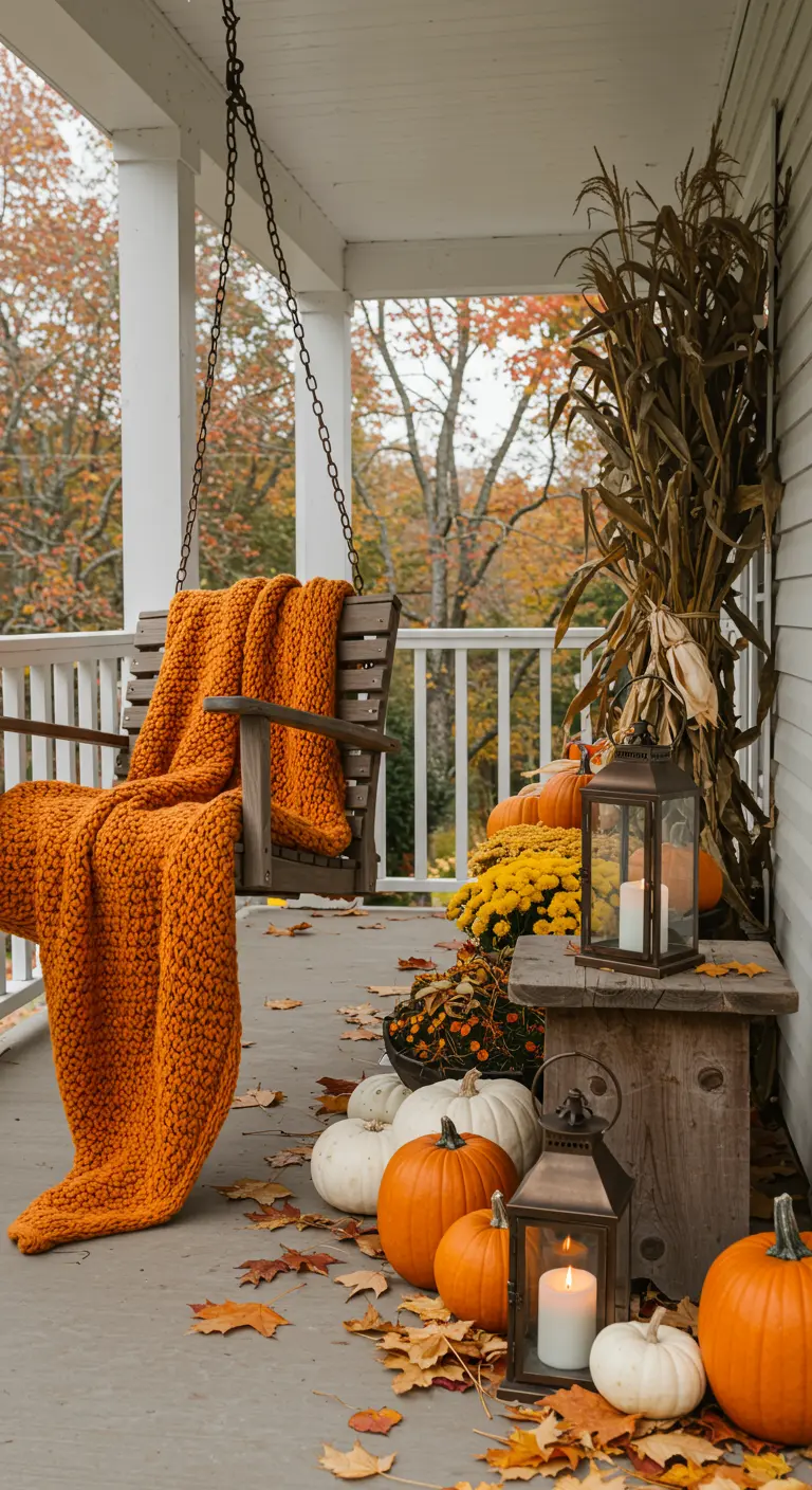 Porche decorado para el otoño con calabazas, flores, faroles y una manta naranja en un columpio.