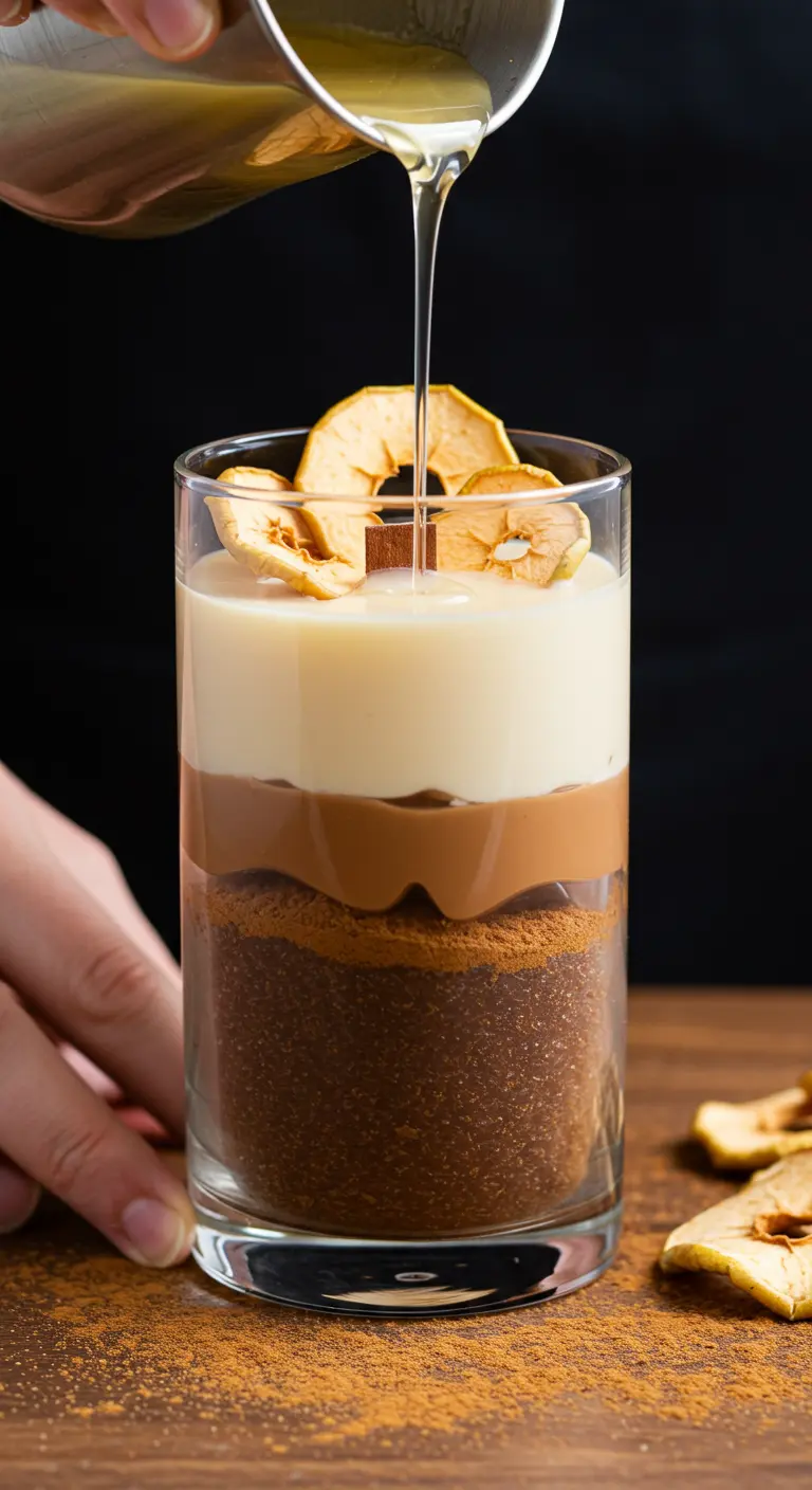Vela en vaso con capas de café, canela y cera blanca con manzana deshidratada.
