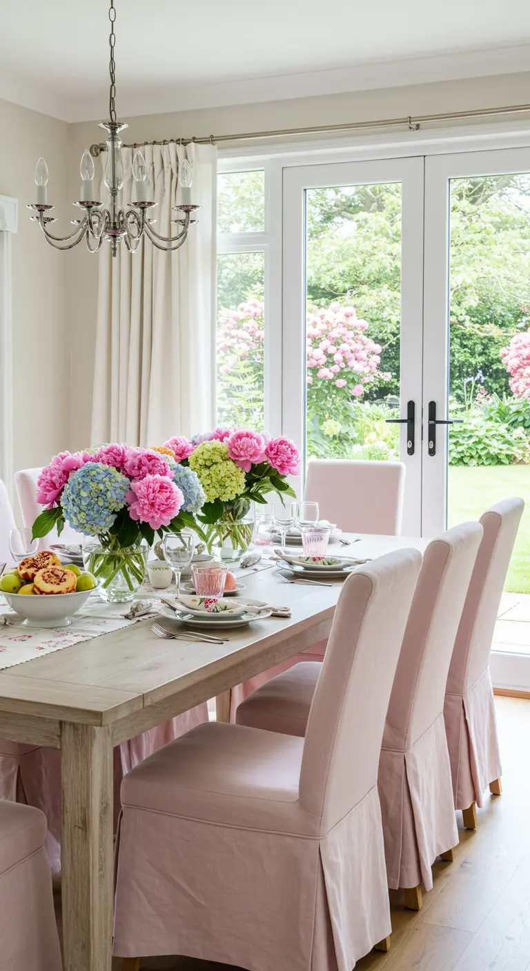 Comedor primaveral con sillas de lino rosa y grandes ramos de peonías y hortensias.