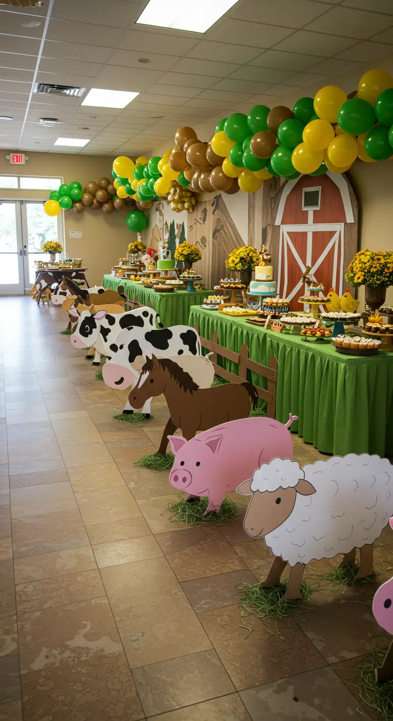 Fila de animales de granja de cartón de gran tamaño decorando el salón de una fiesta.