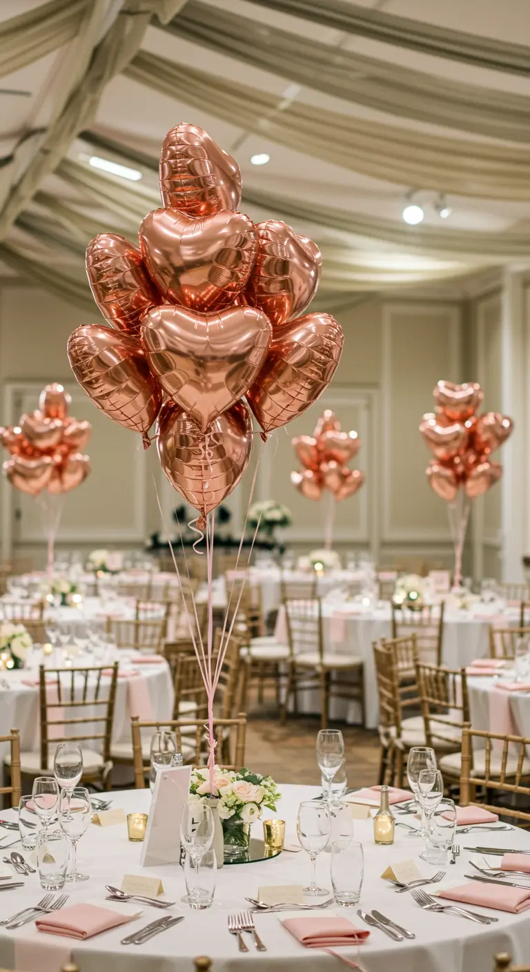 Centro de mesa hecho con un ramo de globos de corazón en oro rosa.