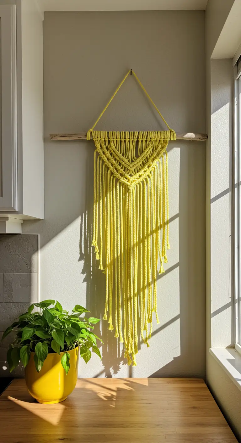 Tapiz de macramé minimalista de color amarillo intenso colgado en una pared soleada.
