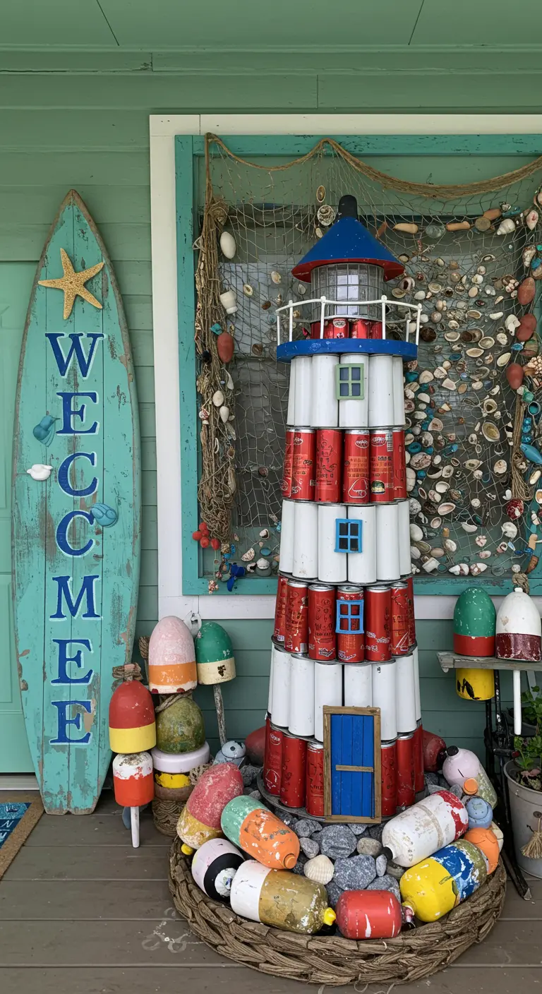 Decoración marinera DIY con un faro hecho de latas de refresco y una tabla de surf como cartel.
