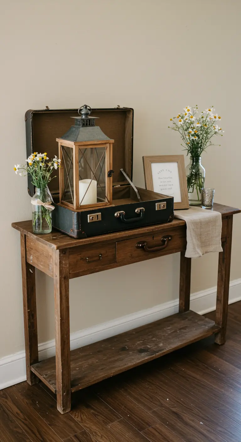 Una maleta vintage abierta sobre una mesa de madera, con un farol, un marco y flores.