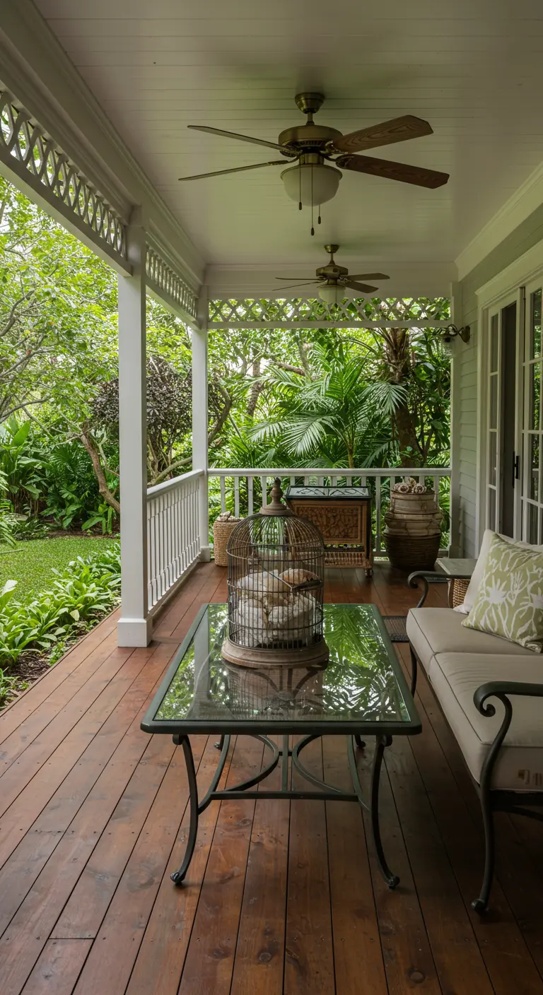 Jaula de pájaros sobre una mesa de cristal en un porche, llena de conchas y corales.