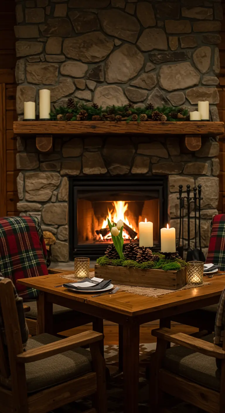 Mesa de cena frente a una chimenea de piedra con un centro de mesa rústico.