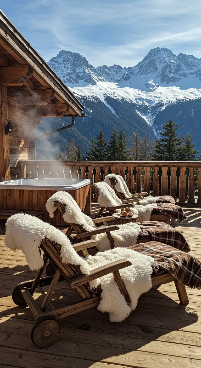 Terraza de madera en la montaña con tumbonas, mantas de piel y un jacuzzi humeante.