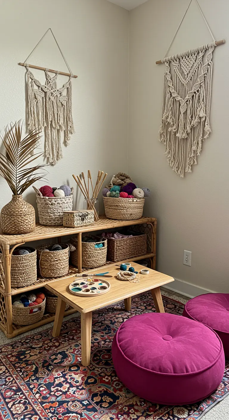 Rincón de manualidades de estilo boho con muebles de ratán, cestas de mimbre y cojines fucsia.