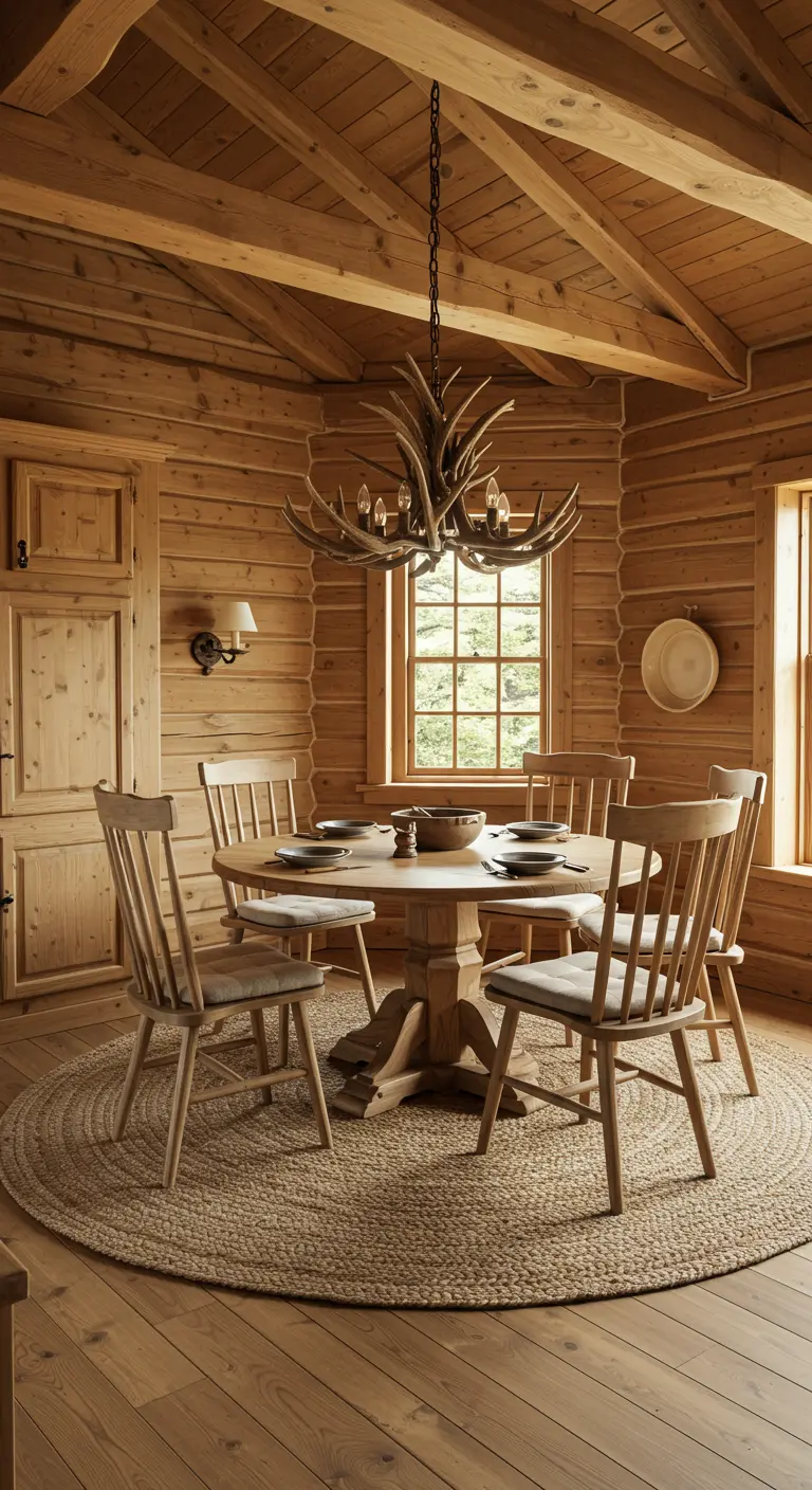 Comedor estilo cabaña con paredes y muebles de madera de pino y lámpara de astas.
