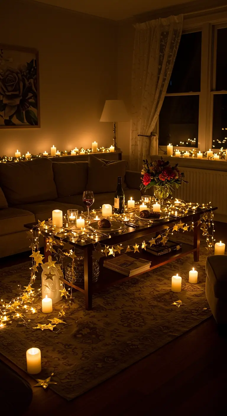 Mesa de centro rodeada de guirnaldas de luces de estrellas y muchas velas encendidas.