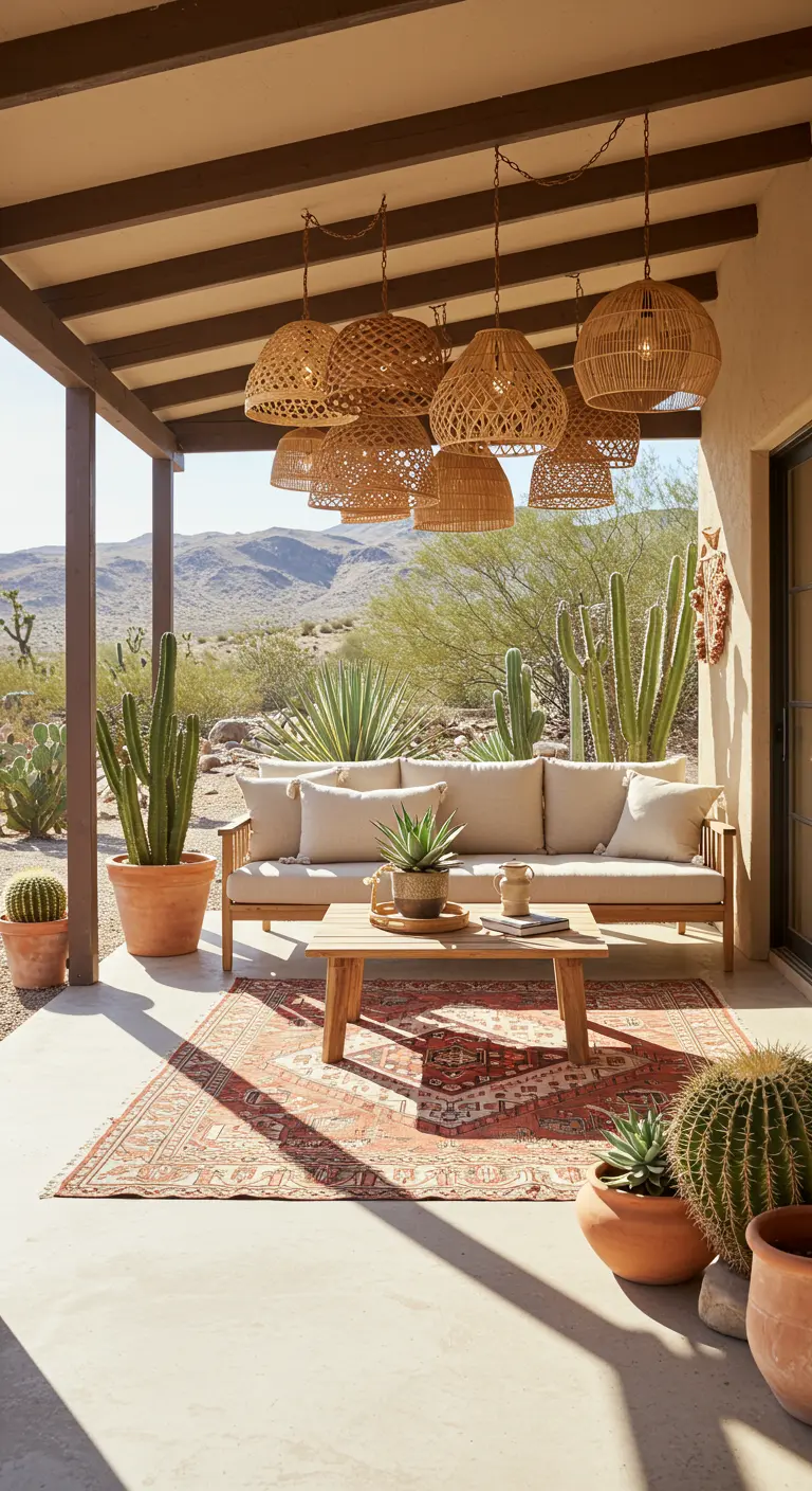 Porche de estilo desértico con sofá, lámparas de ratán, alfombra kilim y varios cactus en macetas