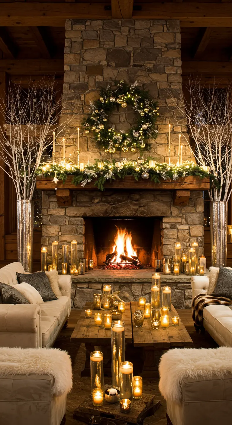Chimenea de piedra decorada con velas doradas, ramas blancas y una corona festiva.
