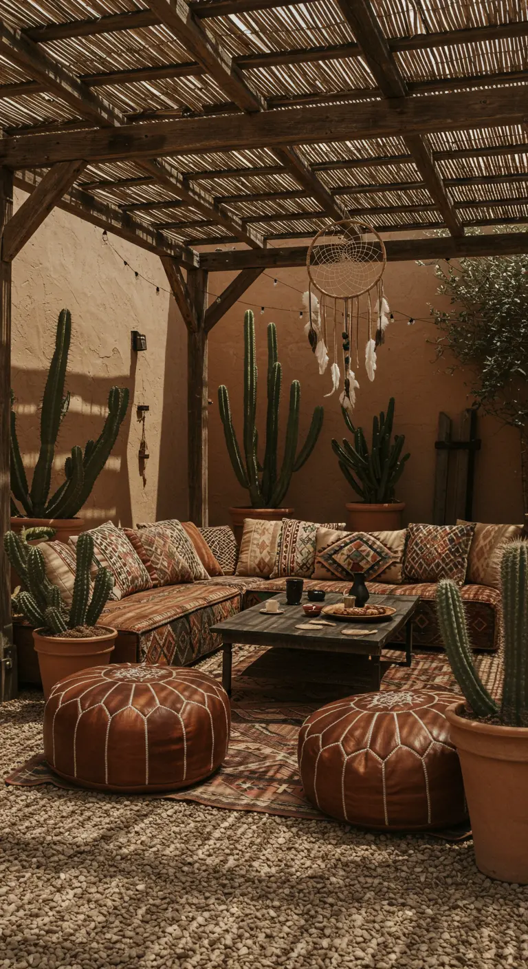 Patio de estilo desértico con sofá de obra, pufs de cuero, cactus y un atrapasueños bajo una pérgola.