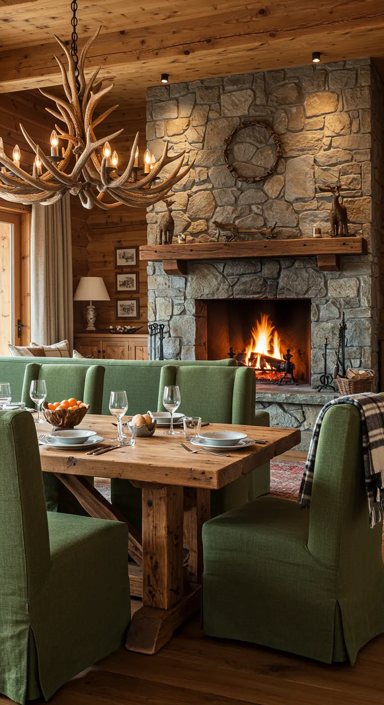 Comedor rústico con chimenea de piedra, mesa de madera maciza y sillas de lino verde.