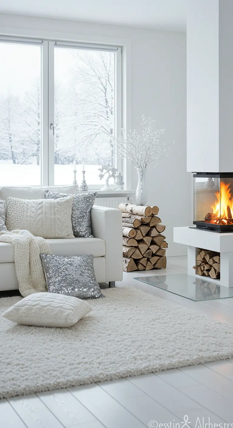 Salón completamente blanco con diferentes texturas, cojines de lentejuelas y leña apilada.