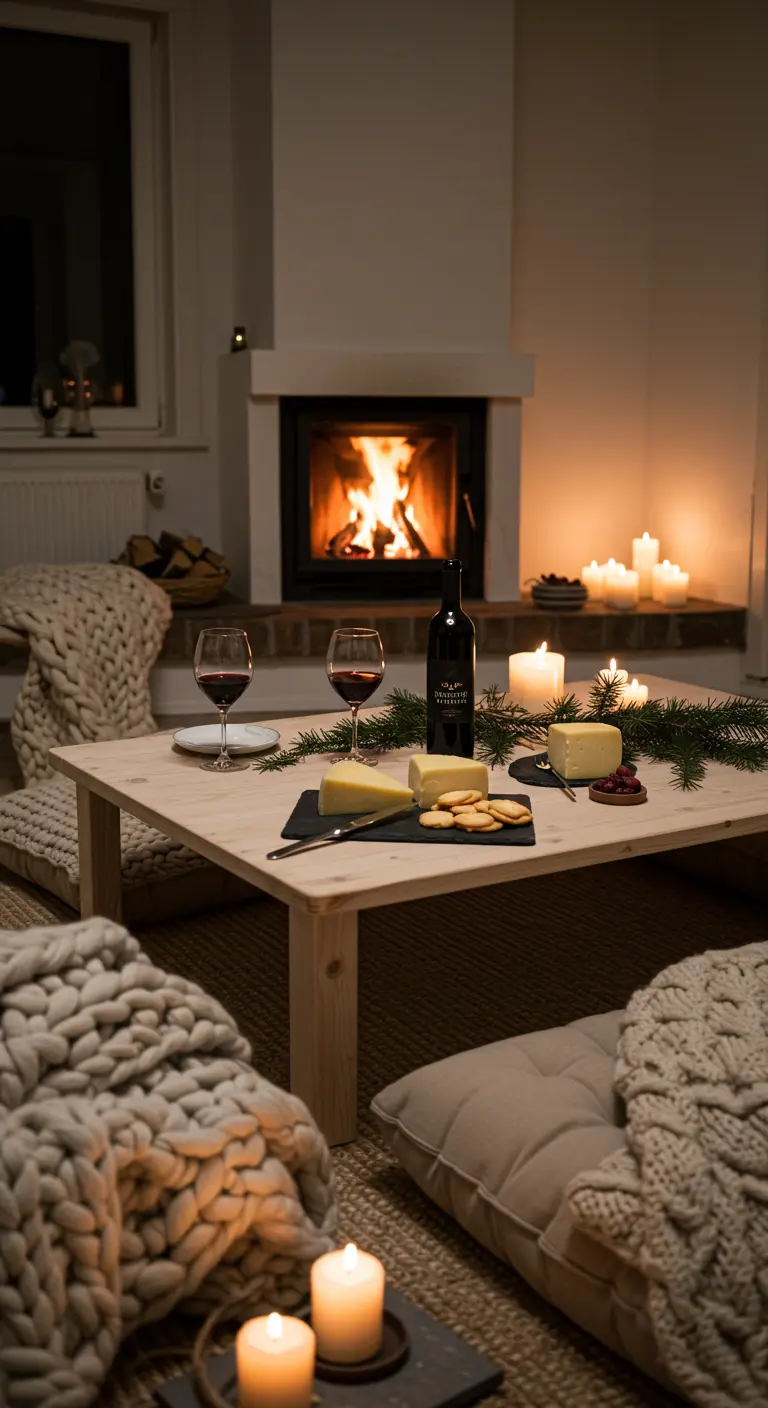 Mesa baja de madera con vino y queso frente a una chimenea encendida.