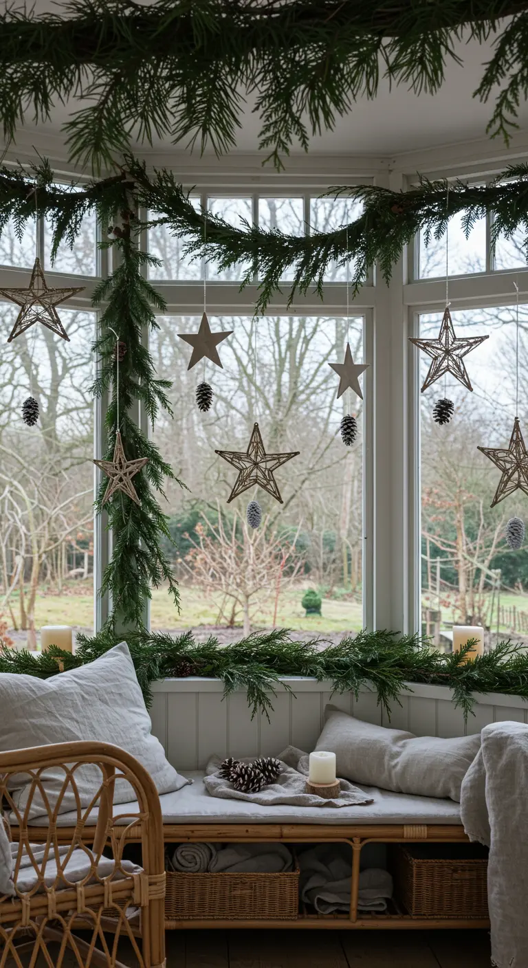 Ventana de una terraza acristalada decorada con guirnaldas de pino y estrellas rústicas colgantes.