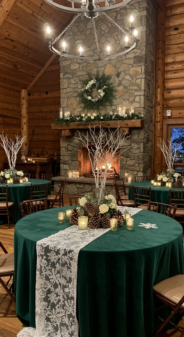 Mesa de boda invernal con mantel verde, camino de encaje y piñas.