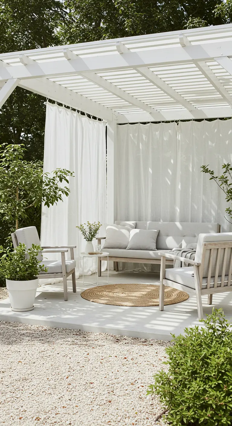 Zona de estar exterior con pérgola blanca, muebles de madera clara y cortinas blancas.