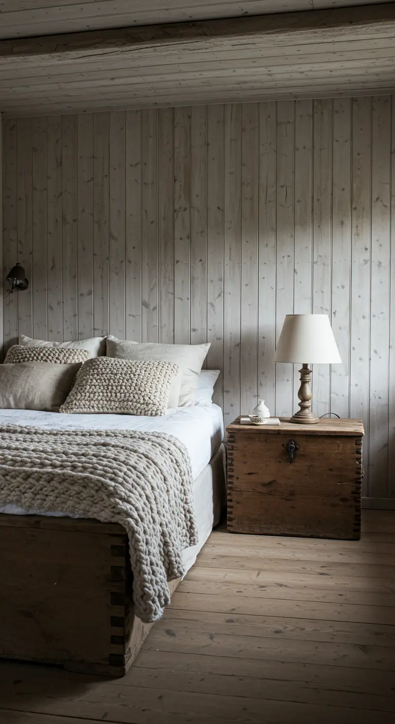 Dormitorio rústico con pared de madera, cama con textiles de lana y un baúl como mesita de noche.