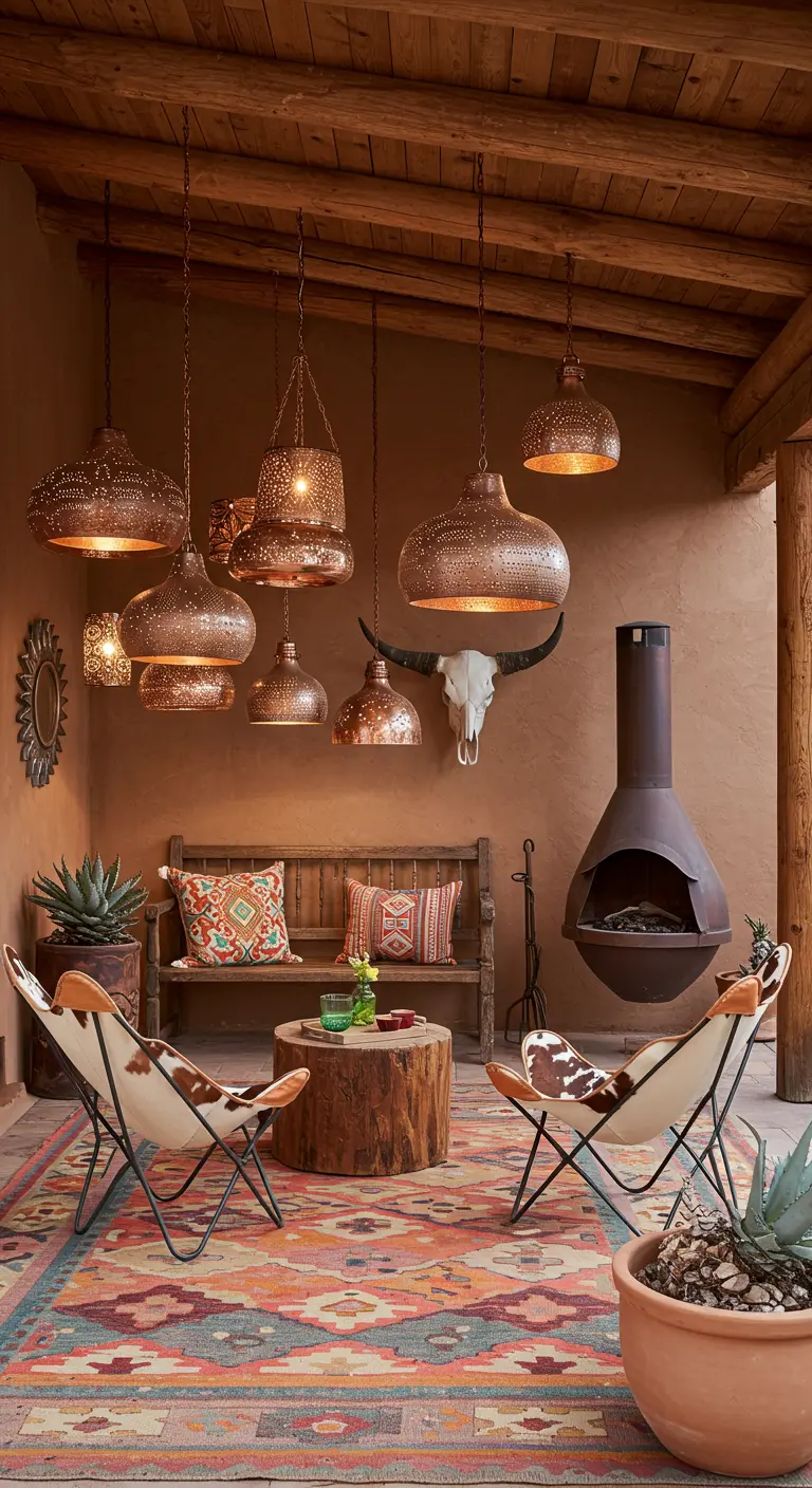 Porche de adobe con sillas de cuero, lámparas de cobre, una chimenea exterior y una alfombra navajo