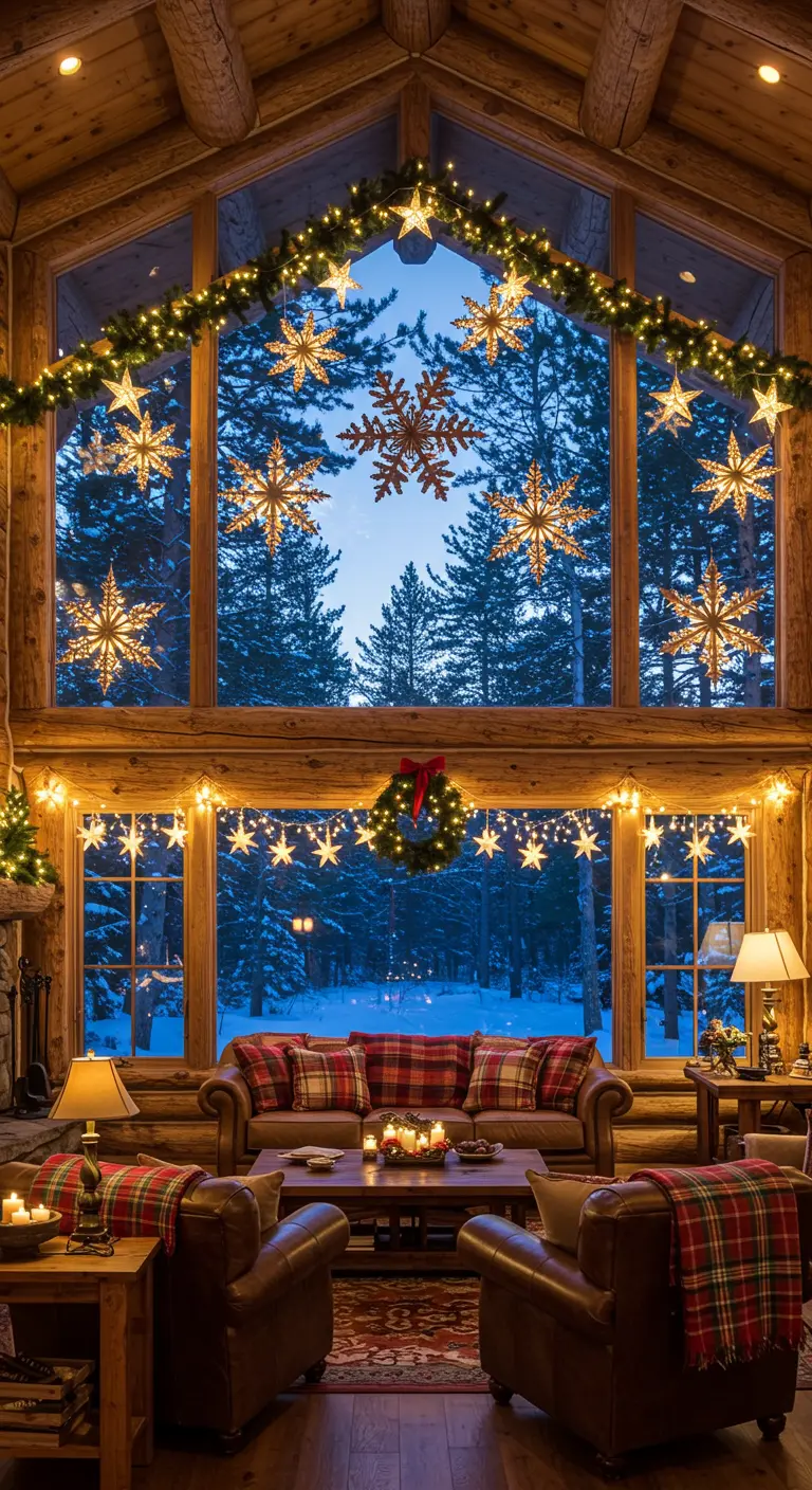 Salón rústico de madera con grandes ventanales decorados con guirnaldas y estrellas luminosas.