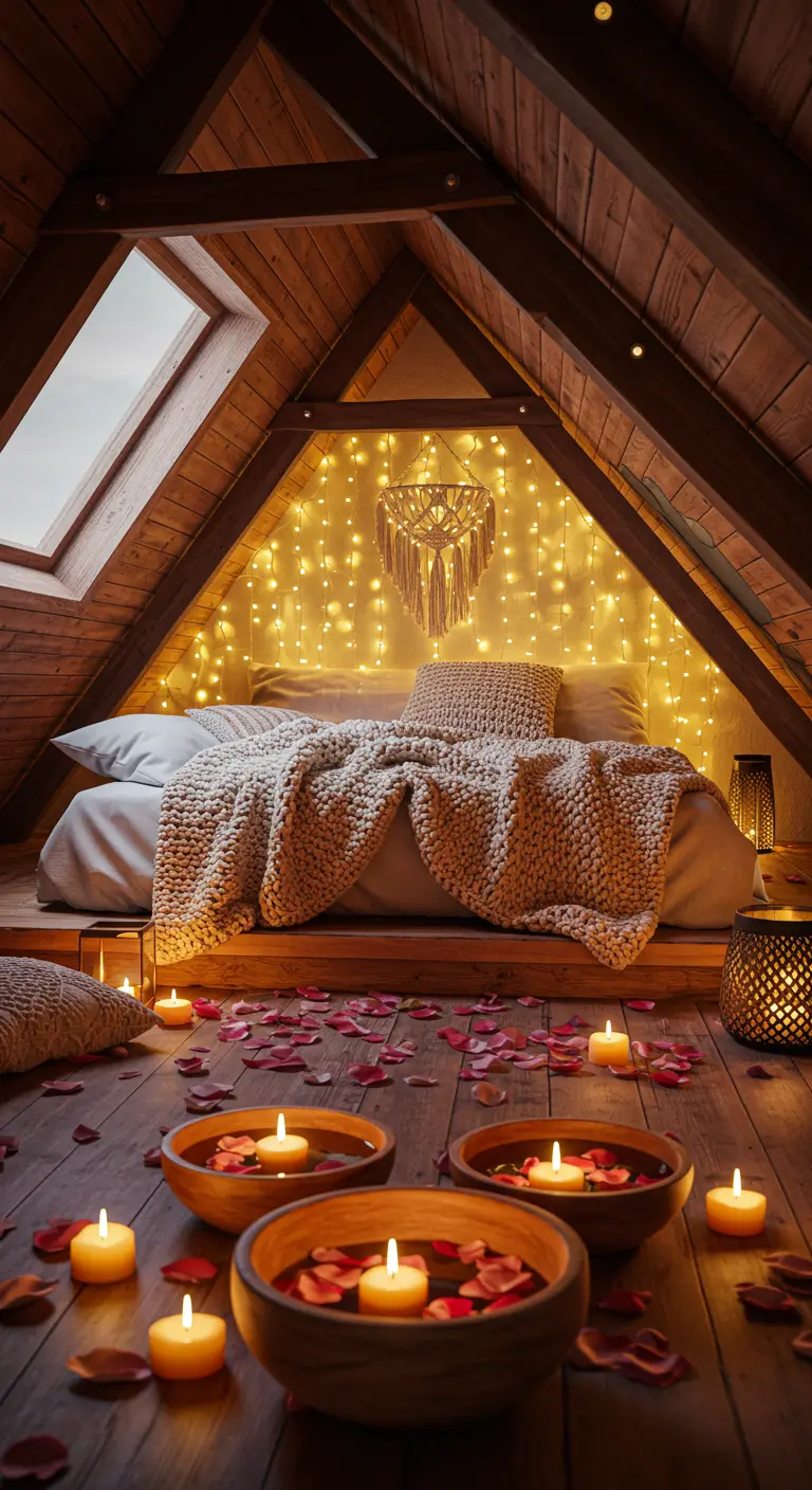 Dormitorio rústico en un ático con luces de hadas y cuencos de madera con velas flotantes.
