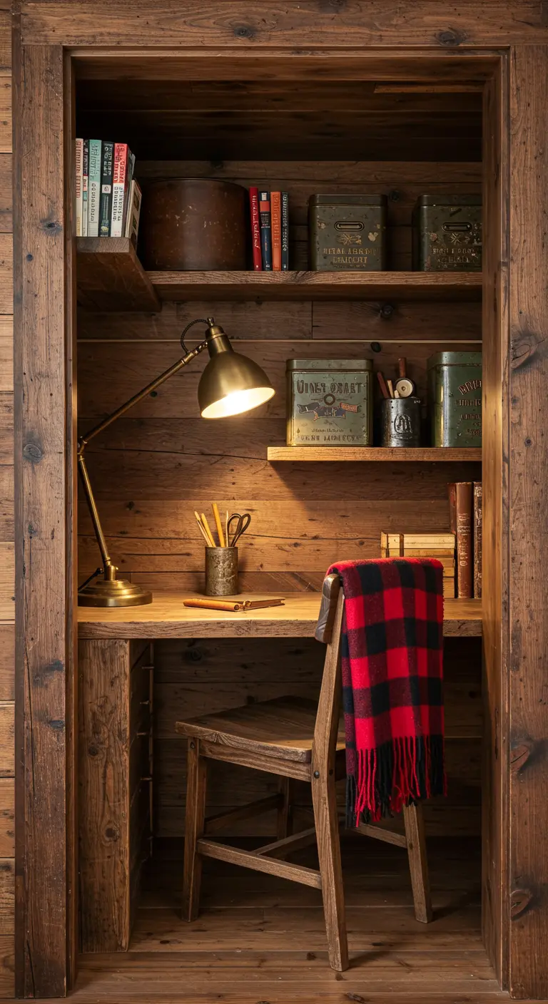Oficina rústica en un nicho de madera oscura con decoración vintage y una manta de cuadros.