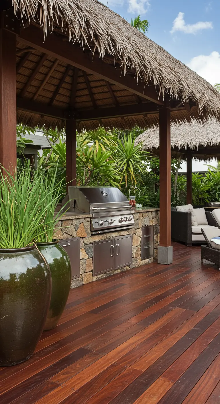 Cocina exterior bajo un techo de paja, rodeada de vegetación tropical y grandes macetas.