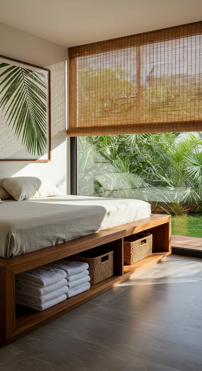 Cama de plataforma de madera con estantes abiertos y cestas en un dormitorio tropical.