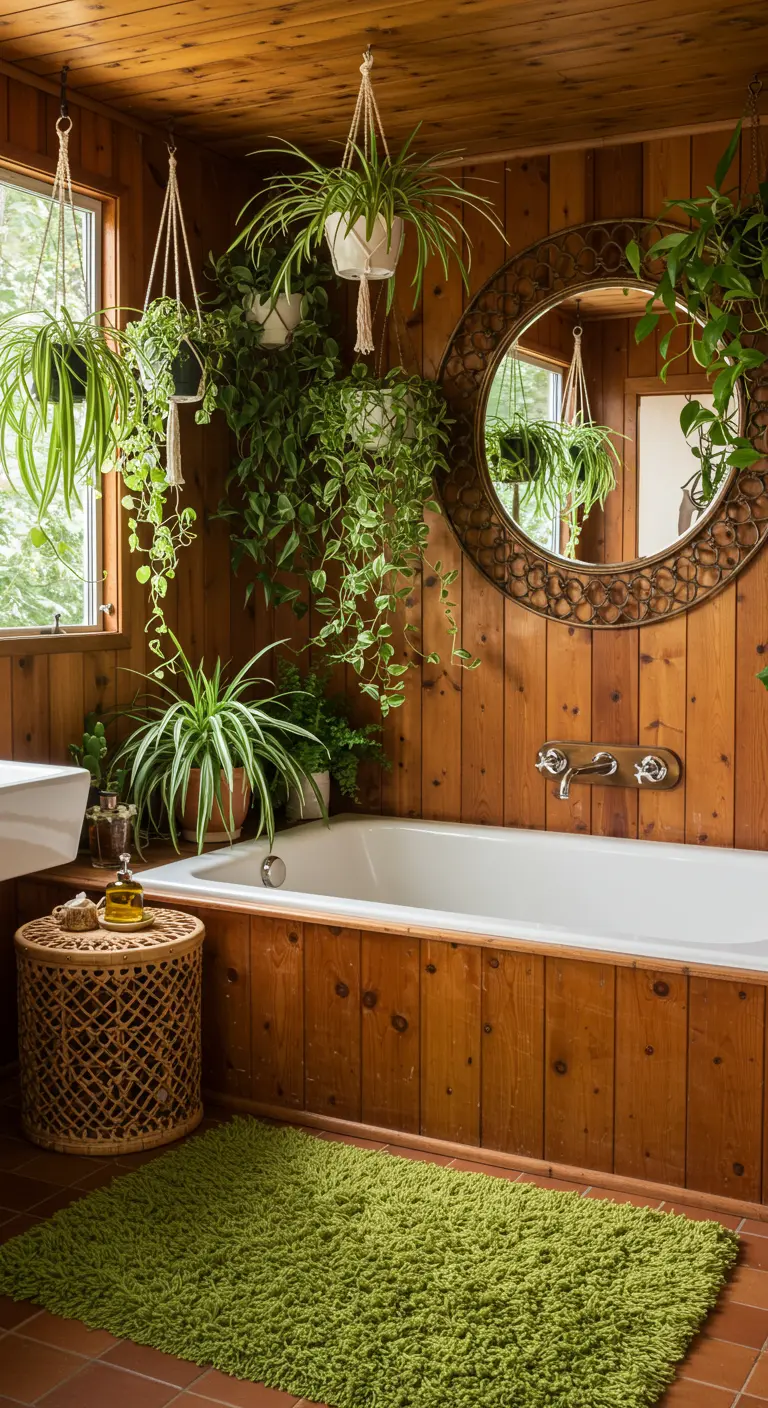 Baño con paredes de paneles de madera, espejo redondo de ratán y muchas plantas colgantes.