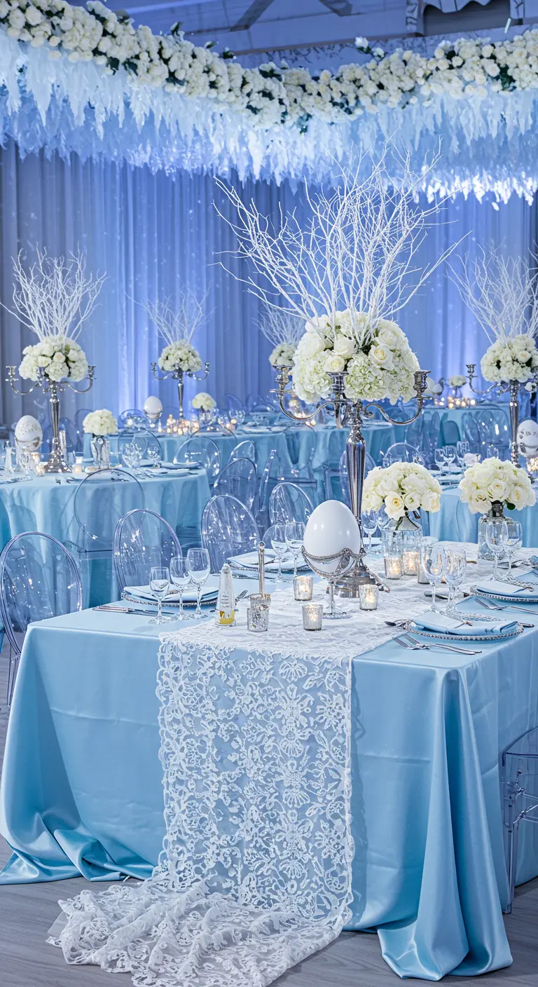 Mesa de boda con temática invernal en tonos azules y blancos con encaje.