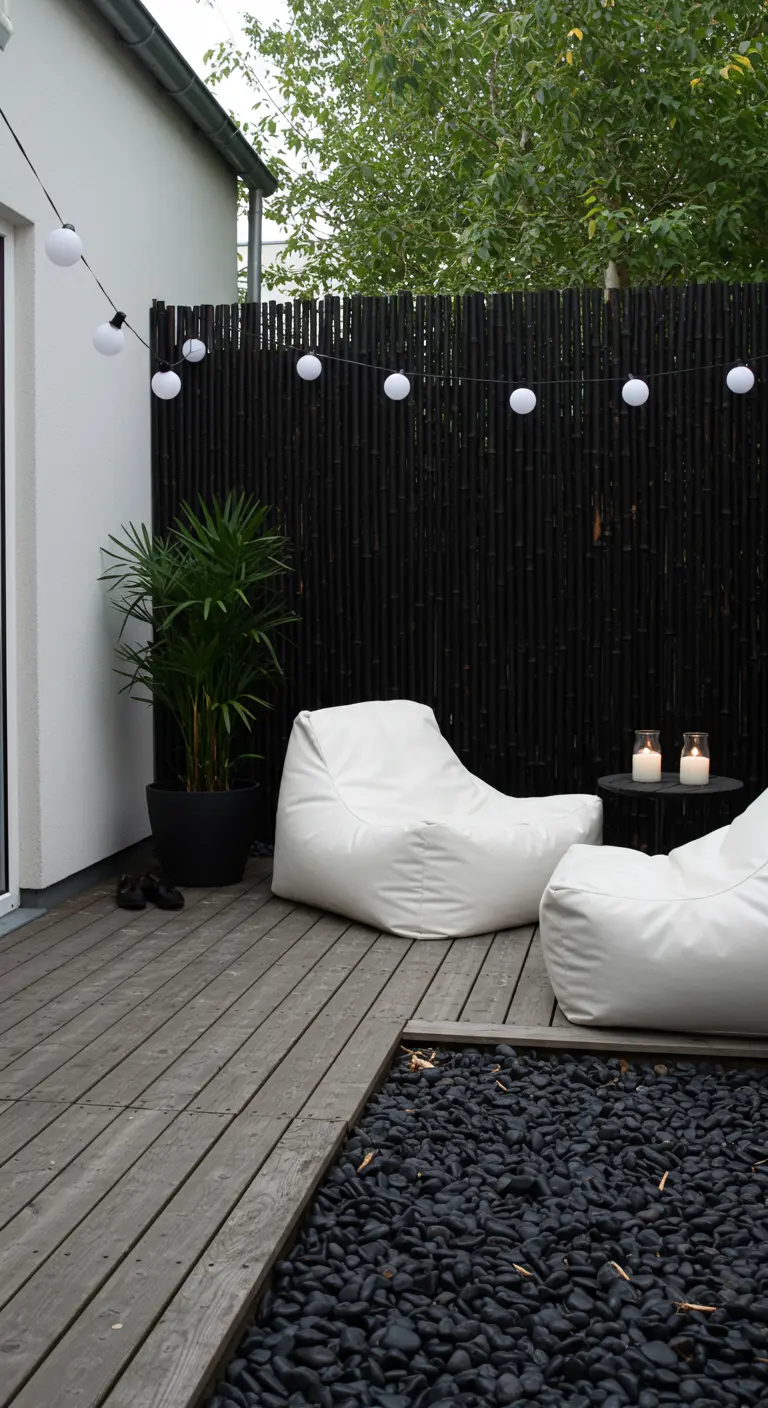 Patio con valla de bambú negro, puffs blancos y una guirnalda de luces sobre suelo de madera.