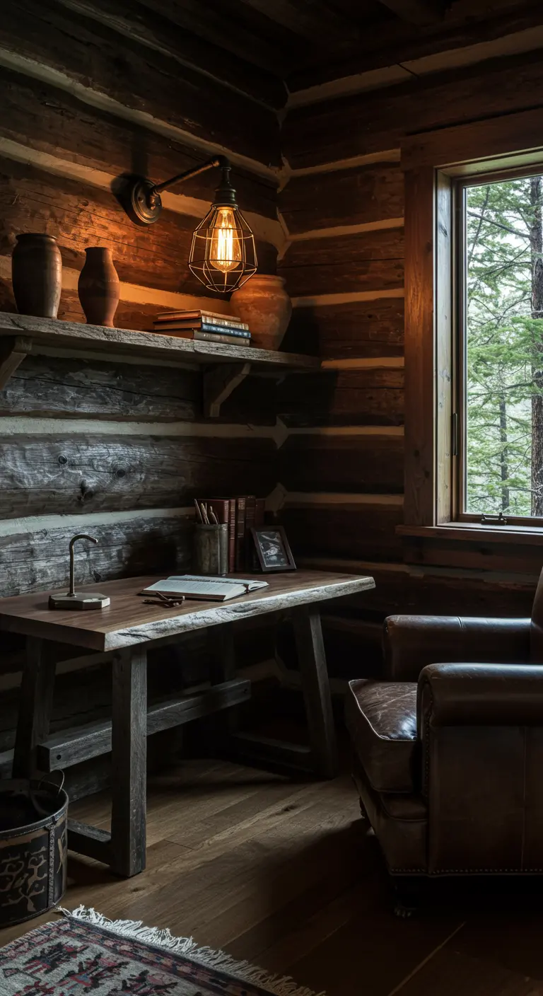 Escritorio rústico de madera en una cabaña de troncos con un aplique de pared industrial.