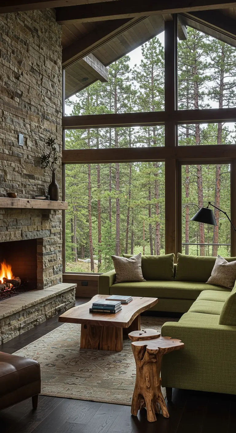 Sala de estar moderna de montaña con chimenea de piedra y grandes ventanales al bosque.