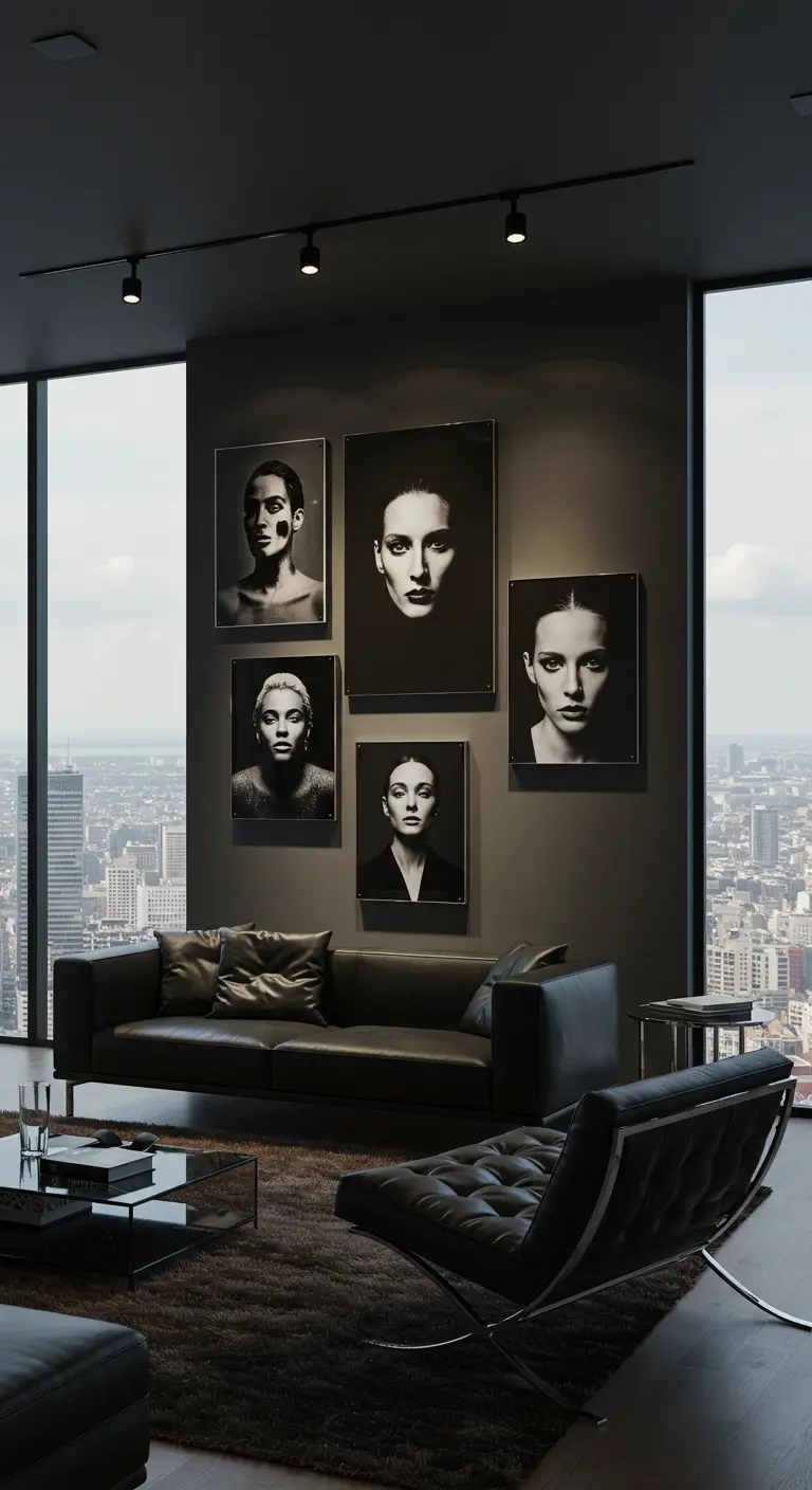 Grandes retratos artísticos en blanco y negro en una sala de estar con paredes y sofá oscuros.