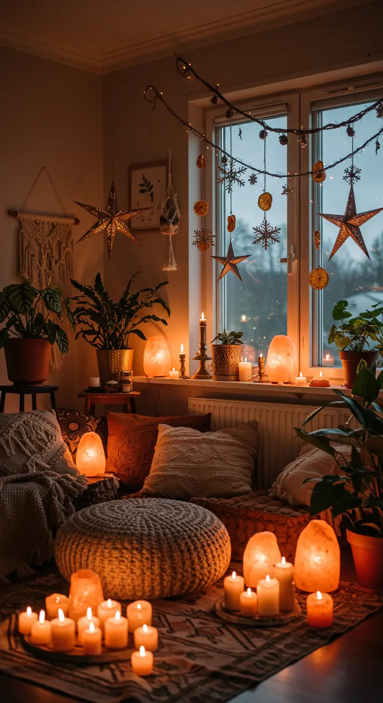 Rincón de inspiración bohemia con cojines, velas y una ventana decorada con estrellas y naranjas secas.