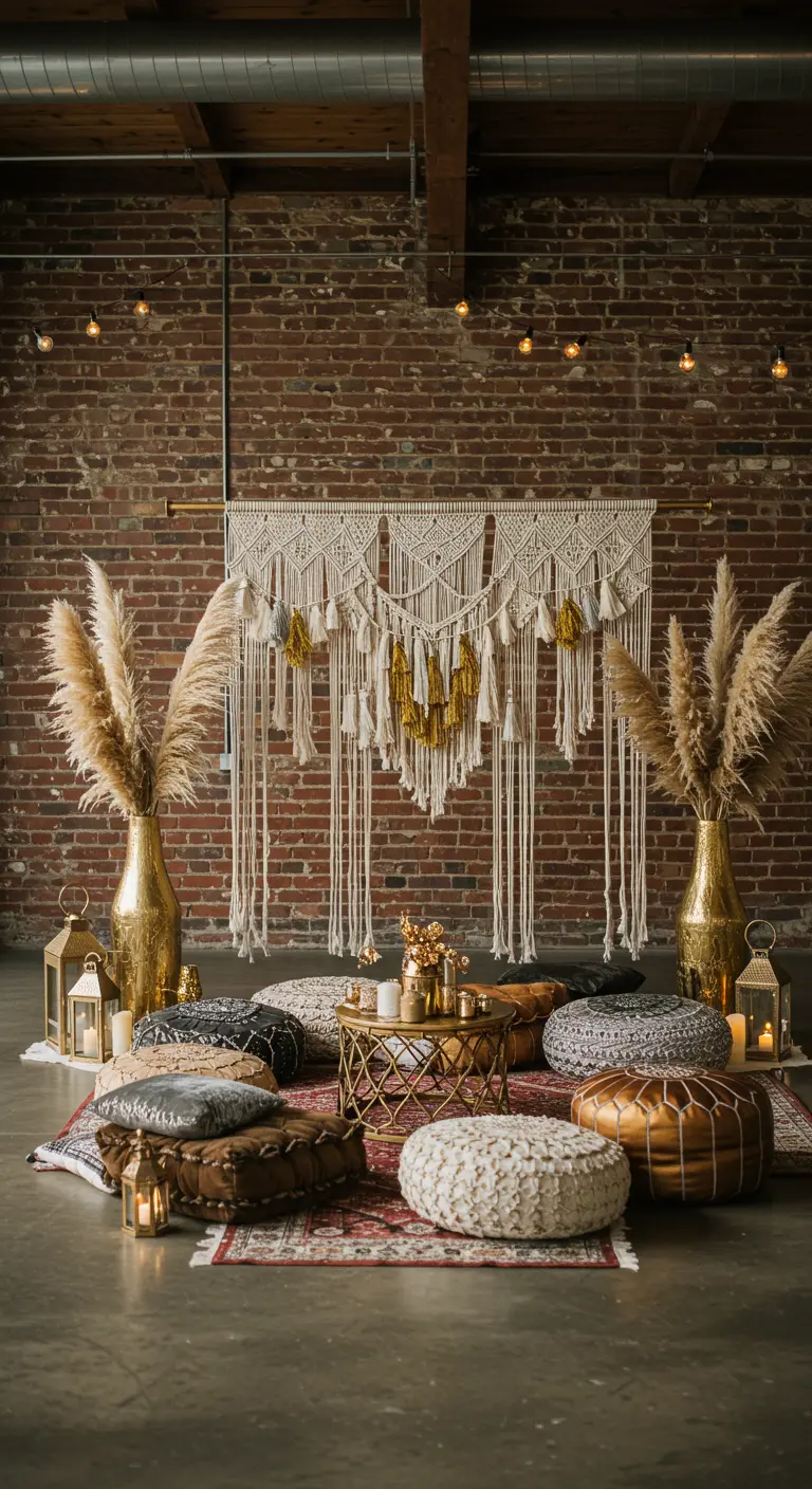Zona lounge de estilo bohemio con cojines en el suelo, macramé y hierba de la pampa.
