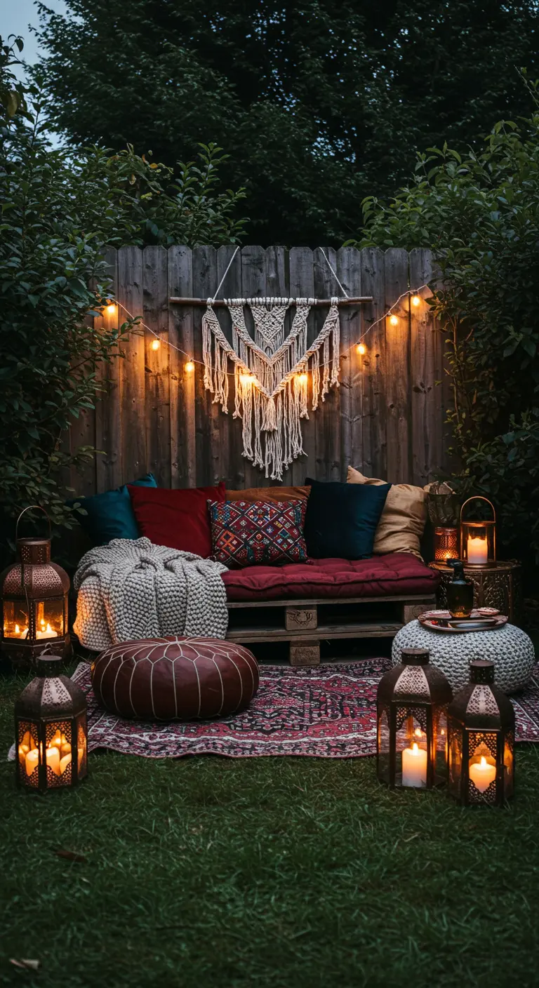 Zona chill-out bohemia con sofá de palets, tapiz de macramé, cojines de colores y faroles.